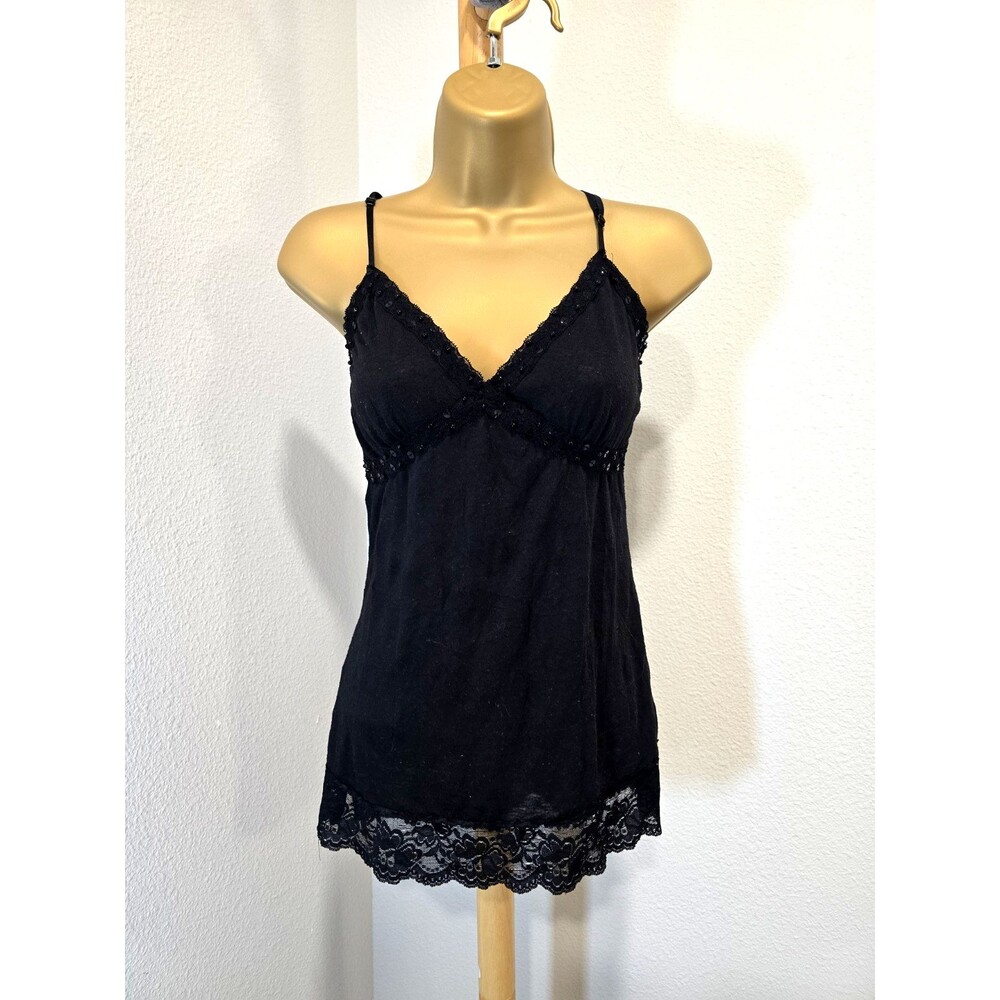 Y2K Weavers Long Camisole Tank Top Sm Lace Sequin Trim Black Layer Fairy Grunge